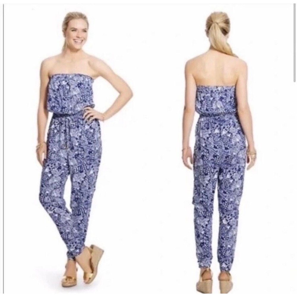 Lilly Pulitzer Blue White Fish Print Strapless Jumpsuit XXL Smocked Waist